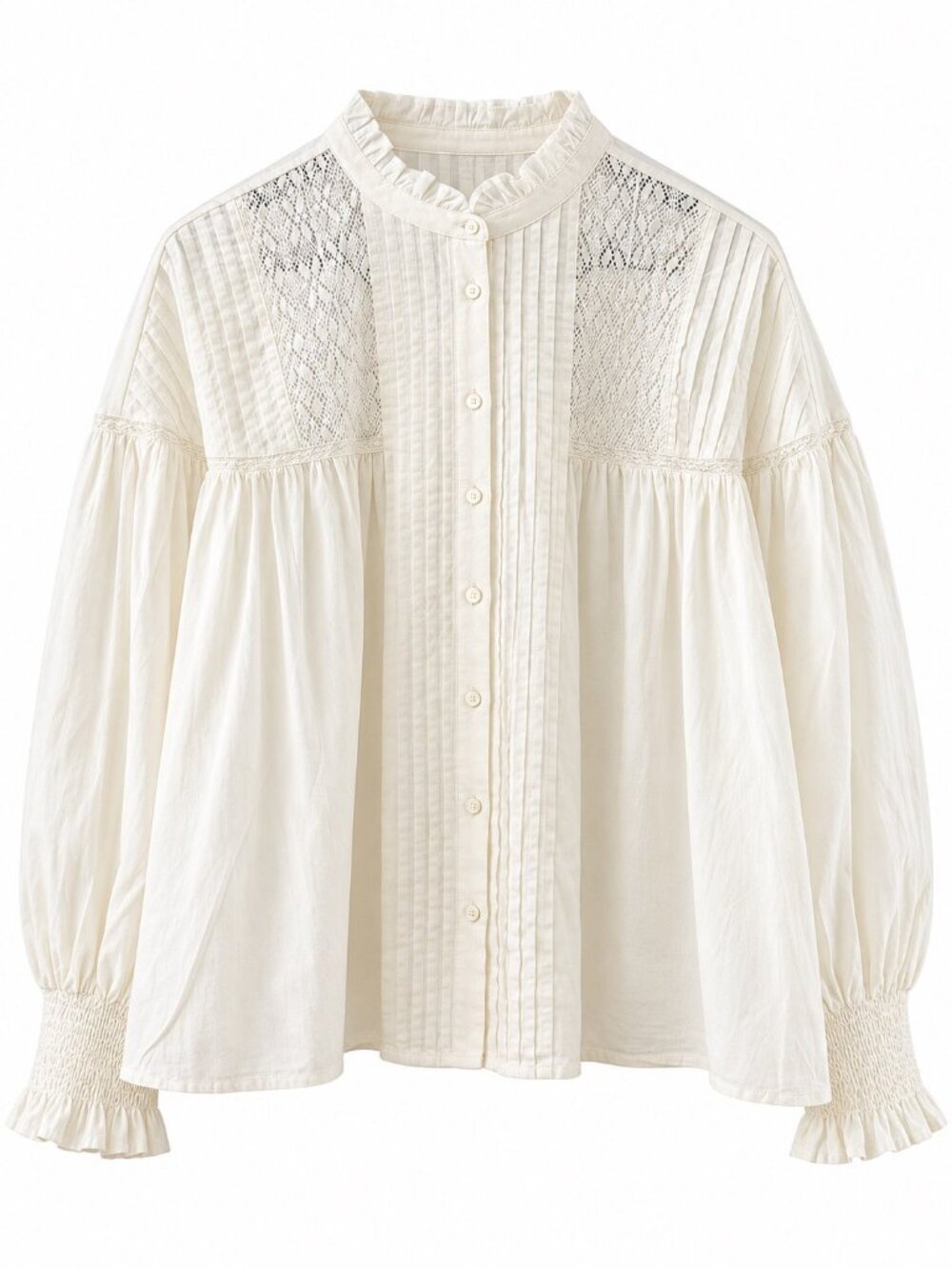 Terra & Sky 4X Lace Inset Blouse Winter White Plus Size Button-Down With Ruffle